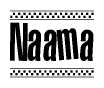 The image is a black and white clipart of the text Naama in a bold, italicized font. The text is bordered by a dotted line on the top and bottom, and there are checkered flags positioned at both ends of the text, usually associated with racing or finishing lines.