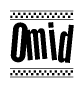 The image is a black and white clipart of the text Omid in a bold, italicized font. The text is bordered by a dotted line on the top and bottom, and there are checkered flags positioned at both ends of the text, usually associated with racing or finishing lines.