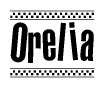 The image is a black and white clipart of the text Orelia in a bold, italicized font. The text is bordered by a dotted line on the top and bottom, and there are checkered flags positioned at both ends of the text, usually associated with racing or finishing lines.