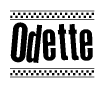 The image is a black and white clipart of the text Odette in a bold, italicized font. The text is bordered by a dotted line on the top and bottom, and there are checkered flags positioned at both ends of the text, usually associated with racing or finishing lines.