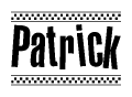 The clipart image displays the text Patrick in a bold, stylized font. It is enclosed in a rectangular border with a checkerboard pattern running below and above the text, similar to a finish line in racing. 