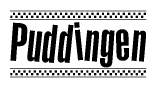 The image contains the text Puddingen in a bold, stylized font, with a checkered flag pattern bordering the top and bottom of the text.