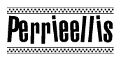 The image contains the text Perrieellis in a bold, stylized font, with a checkered flag pattern bordering the top and bottom of the text.