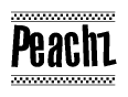 The image is a black and white clipart of the text Peachz in a bold, italicized font. The text is bordered by a dotted line on the top and bottom, and there are checkered flags positioned at both ends of the text, usually associated with racing or finishing lines.