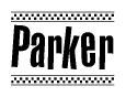 The clipart image displays the text Parker in a bold, stylized font. It is enclosed in a rectangular border with a checkerboard pattern running below and above the text, similar to a finish line in racing. 