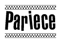The image is a black and white clipart of the text Pariece in a bold, italicized font. The text is bordered by a dotted line on the top and bottom, and there are checkered flags positioned at both ends of the text, usually associated with racing or finishing lines.