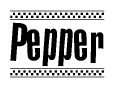 The clipart image displays the text Pepper in a bold, stylized font. It is enclosed in a rectangular border with a checkerboard pattern running below and above the text, similar to a finish line in racing. 