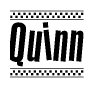 The image contains the text Quinn in a bold, stylized font, with a checkered flag pattern bordering the top and bottom of the text.