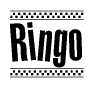The image is a black and white clipart of the text Ringo in a bold, italicized font. The text is bordered by a dotted line on the top and bottom, and there are checkered flags positioned at both ends of the text, usually associated with racing or finishing lines.