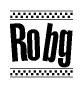 The image is a black and white clipart of the text Robg in a bold, italicized font. The text is bordered by a dotted line on the top and bottom, and there are checkered flags positioned at both ends of the text, usually associated with racing or finishing lines.