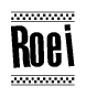 The clipart image displays the text Roei in a bold, stylized font. It is enclosed in a rectangular border with a checkerboard pattern running below and above the text, similar to a finish line in racing. 