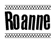 The clipart image displays the text Roanne in a bold, stylized font. It is enclosed in a rectangular border with a checkerboard pattern running below and above the text, similar to a finish line in racing. 