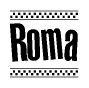 The image is a black and white clipart of the text Roma in a bold, italicized font. The text is bordered by a dotted line on the top and bottom, and there are checkered flags positioned at both ends of the text, usually associated with racing or finishing lines.