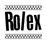 The image is a black and white clipart of the text Rolex in a bold, italicized font. The text is bordered by a dotted line on the top and bottom, and there are checkered flags positioned at both ends of the text, usually associated with racing or finishing lines.