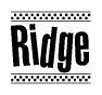 The image is a black and white clipart of the text Ridge in a bold, italicized font. The text is bordered by a dotted line on the top and bottom, and there are checkered flags positioned at both ends of the text, usually associated with racing or finishing lines.