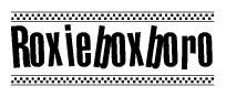 The image contains the text Roxieboxboro in a bold, stylized font, with a checkered flag pattern bordering the top and bottom of the text.