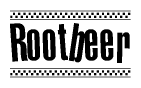 The clipart image displays the text Rootbeer in a bold, stylized font. It is enclosed in a rectangular border with a checkerboard pattern running below and above the text, similar to a finish line in racing. 