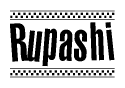 The image contains the text Rupashi in a bold, stylized font, with a checkered flag pattern bordering the top and bottom of the text.