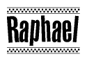 The image is a black and white clipart of the text Raphael in a bold, italicized font. The text is bordered by a dotted line on the top and bottom, and there are checkered flags positioned at both ends of the text, usually associated with racing or finishing lines.