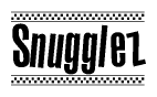 The image is a black and white clipart of the text Snugglez in a bold, italicized font. The text is bordered by a dotted line on the top and bottom, and there are checkered flags positioned at both ends of the text, usually associated with racing or finishing lines.