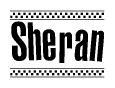 The clipart image displays the text Sheran in a bold, stylized font. It is enclosed in a rectangular border with a checkerboard pattern running below and above the text, similar to a finish line in racing. 