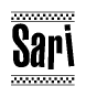 The clipart image displays the text Sari in a bold, stylized font. It is enclosed in a rectangular border with a checkerboard pattern running below and above the text, similar to a finish line in racing. 