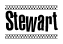 The image contains the text Stewart in a bold, stylized font, with a checkered flag pattern bordering the top and bottom of the text.