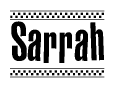 The clipart image displays the text Sarrah in a bold, stylized font. It is enclosed in a rectangular border with a checkerboard pattern running below and above the text, similar to a finish line in racing. 