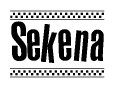 The image is a black and white clipart of the text Sekena in a bold, italicized font. The text is bordered by a dotted line on the top and bottom, and there are checkered flags positioned at both ends of the text, usually associated with racing or finishing lines.
