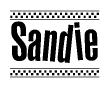 The image contains the text Sandie in a bold, stylized font, with a checkered flag pattern bordering the top and bottom of the text.