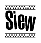 The image is a black and white clipart of the text Siew in a bold, italicized font. The text is bordered by a dotted line on the top and bottom, and there are checkered flags positioned at both ends of the text, usually associated with racing or finishing lines.