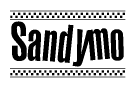 The image contains the text Sandymo in a bold, stylized font, with a checkered flag pattern bordering the top and bottom of the text.