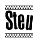 The image is a black and white clipart of the text Steu in a bold, italicized font. The text is bordered by a dotted line on the top and bottom, and there are checkered flags positioned at both ends of the text, usually associated with racing or finishing lines.