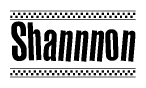 The image contains the text Shannnon in a bold, stylized font, with a checkered flag pattern bordering the top and bottom of the text.