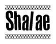 The image contains the text Shalae in a bold, stylized font, with a checkered flag pattern bordering the top and bottom of the text.