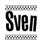 The image is a black and white clipart of the text Sven in a bold, italicized font. The text is bordered by a dotted line on the top and bottom, and there are checkered flags positioned at both ends of the text, usually associated with racing or finishing lines.