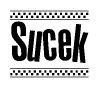 The image contains the text Sucek in a bold, stylized font, with a checkered flag pattern bordering the top and bottom of the text.