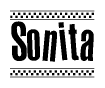 The image contains the text Sonita in a bold, stylized font, with a checkered flag pattern bordering the top and bottom of the text.