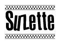The image contains the text Suzette in a bold, stylized font, with a checkered flag pattern bordering the top and bottom of the text.