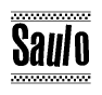 The image is a black and white clipart of the text Saulo in a bold, italicized font. The text is bordered by a dotted line on the top and bottom, and there are checkered flags positioned at both ends of the text, usually associated with racing or finishing lines.