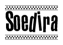 The clipart image displays the text Soedira in a bold, stylized font. It is enclosed in a rectangular border with a checkerboard pattern running below and above the text, similar to a finish line in racing. 
