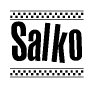 The image is a black and white clipart of the text Salko in a bold, italicized font. The text is bordered by a dotted line on the top and bottom, and there are checkered flags positioned at both ends of the text, usually associated with racing or finishing lines.