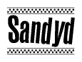The image is a black and white clipart of the text Sandyd in a bold, italicized font. The text is bordered by a dotted line on the top and bottom, and there are checkered flags positioned at both ends of the text, usually associated with racing or finishing lines.