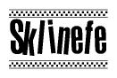 The image is a black and white clipart of the text Sklinefe in a bold, italicized font. The text is bordered by a dotted line on the top and bottom, and there are checkered flags positioned at both ends of the text, usually associated with racing or finishing lines.