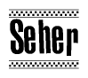 The clipart image displays the text Seher in a bold, stylized font. It is enclosed in a rectangular border with a checkerboard pattern running below and above the text, similar to a finish line in racing. 