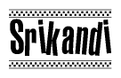 The image is a black and white clipart of the text Srikandi in a bold, italicized font. The text is bordered by a dotted line on the top and bottom, and there are checkered flags positioned at both ends of the text, usually associated with racing or finishing lines.