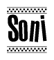 The clipart image displays the text Soni in a bold, stylized font. It is enclosed in a rectangular border with a checkerboard pattern running below and above the text, similar to a finish line in racing. 