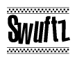The clipart image displays the text Swuftz in a bold, stylized font. It is enclosed in a rectangular border with a checkerboard pattern running below and above the text, similar to a finish line in racing. 