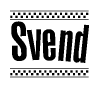 The clipart image displays the text Svend in a bold, stylized font. It is enclosed in a rectangular border with a checkerboard pattern running below and above the text, similar to a finish line in racing. 