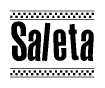 The image is a black and white clipart of the text Saleta in a bold, italicized font. The text is bordered by a dotted line on the top and bottom, and there are checkered flags positioned at both ends of the text, usually associated with racing or finishing lines.